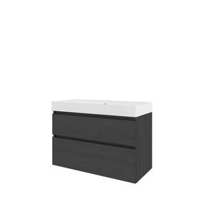 Set Proline polystone Loft wastafel glans wit zonder kraangat onderkast asymmetrisch black oak 100x46cm