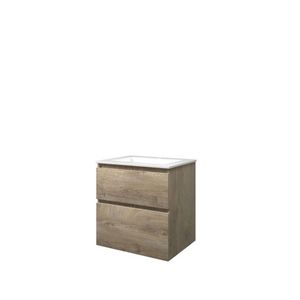 Set Proline polystone Elegant wastafel glans wit met 1 kraangat onderkast asymmetrisch raw oak 60x46cm