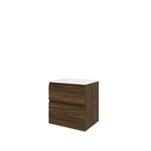 Set Proline polystone Elegant wastafel mat wit zonder kraangat onderkast asymmetrisch cabana oak 60x46cm