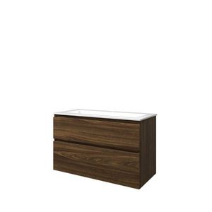 Set Proline polystone Elegant wastafel glans wit met 1 kraangat onderkast asymmetrisch cabana oak  100x46cm