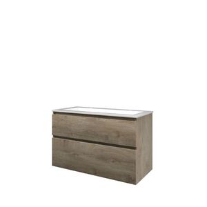 Set Proline polystone Elegant wastafel glans wit met 2 kraangaten onderkast asymmetrisch raw oak 100x46cm