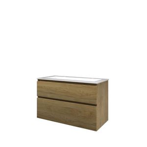 Set Proline polystone Elegant wastafel glans wit met 2 kraangaten onderkast asymmetrisch Ideal oak 100x46cm