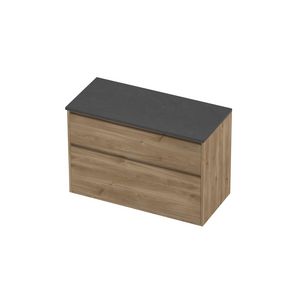 Deck Set Top afdekplaat hardsteen en onderkast greeploos 2 laden a-symmetrisch in kader 1000x460x670mm Blue stone/Cider oak