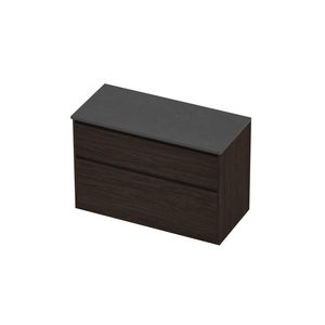 Deck Set Top afdekplaat hardsteen en onderkast greeploos 2 laden a-symmetrisch in kader 1000x460x670mm Blue stone/Mokka oak