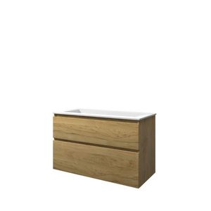 Set Proline polystone Elegant wastafel mat wit zonder kraangat onderkast asymmetrisch ideal oak 100x46cm