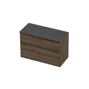 Deck Set Top afdekplaat hardsteen en onderkast greeploos 2 laden a-symmetrisch in kader 1000x460x670mm Blue stone/Vital oak