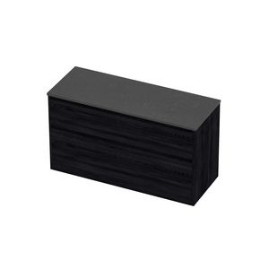 Deck Set Top afdekplaat hardsteen en onderkast greeploos 2 laden a-symmetrisch in kader 1200x460x670mm Blue stone/Black oak