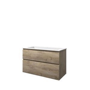 Set Proline polystone Elegant wastafel mat wit met 1 kraangat onderkast asymmetrisch raw oak 100x46cm