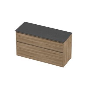 Deck Set Top afdekplaat hardsteen en onderkast greeploos 2 laden a-symmetrisch in kader 1200x460x670mm Blue stone/Cider oak