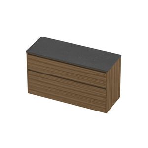 Deck Set Top afdekplaat hardsteen en onderkast greeploos 2 laden a-symmetrisch in kader 1200x460x670mm Blue stone/Caramel walnut