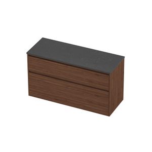 Deck Set Top afdekplaat hardsteen en onderkast greeploos 2 laden a-symmetrisch in kader 1200x460x670mm Blue stone/Indian walnut