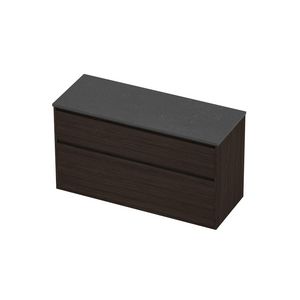 Deck Set Top afdekplaat hardsteen en onderkast greeploos 2 laden a-symmetrisch in kader 1200x460x670mm Blue stone/Mokka oak