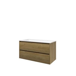 Set Proline polystone Elegant wastafel mat wit met 2 kraangaten onderkast asymmetrisch ideal oak  100x46cm
