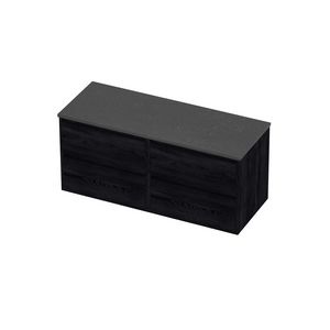Deck Set Top afdekplaat hardsteen en onderkast greeploos 4 laden symmetrisch in kader 1200x460x540mm Blue stone/Black oak