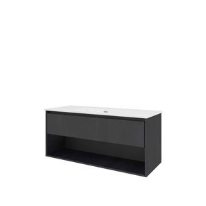 Set Proline porselein Elegant enkele wastafel wit met 1 kraangat onderkast 1x lade+schap black oak 120x46cm