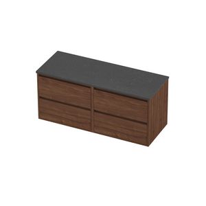 Deck Set Top afdekplaat hardsteen en onderkast greeploos 4 laden symmetrisch in kader 1200x460x540mm Blue stone/Indian walnut