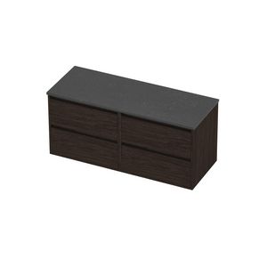 Deck Set Top afdekplaat hardsteen en onderkast greeploos 4 laden symmetrisch in kader 1200x460x540mm Blue stone/Mokka oak