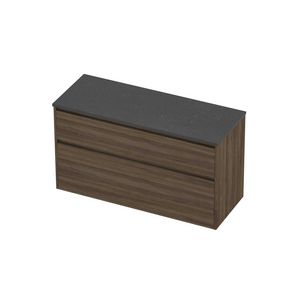 Deck Set Top afdekplaat hardsteen en onderkast greeploos 2 laden a-symmetrisch in kader 1200x460x670mm Blue stone/Vital oak