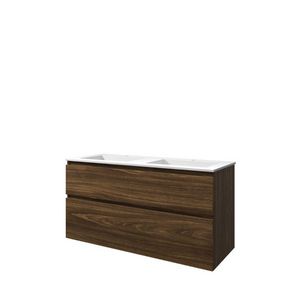 Set Proline polystone Elegant dubb. wastafel mat wit met 2 kraangaten onderkast asymmetrisch cabana oak 120x46cm
