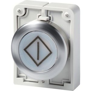 Signaaldrukknop 30mm RVS vlak wit met tekst X100 terugverend