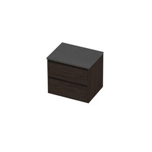 Deck Set Top afdekplaat hardsteen en onderkast greeploos 2 laden symmetrisch in kader 600x460x540mm Blue stone/Mokka oak