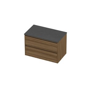 Deck Set Top afdekplaat hardsteen en onderkast greeploos 2 laden symmetrisch in kader 800x460x540mm Blue stone/Caramel walnut