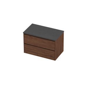 Deck Set Top afdekplaat hardsteen en onderkast greeploos 2 laden symmetrisch in kader 800x460x540mm Blue stone/Indian walnut