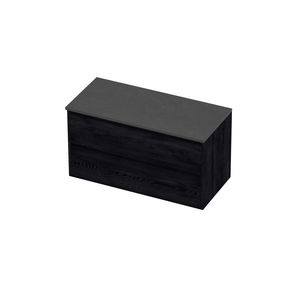 Deck Set Top afdekplaat hardsteen en onderkast greeploos 2 laden symmetrisch in kader 1000x460x540mm Blue stone/Black oak