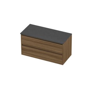 Deck Set Top afdekplaat hardsteen en onderkast greeploos 2 laden symmetrisch in kader 1000x460x540mm Blue stone/Caramel walnut