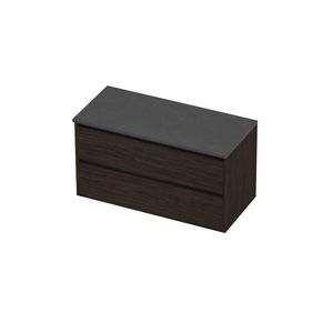 Deck Set Top afdekplaat hardsteen en onderkast greeploos 2 laden symmetrisch in kader 1000x460x540mm Blue stone/Mokka oak