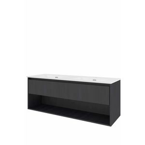 Set Proline porselein Elegant dubb. wastafel wit met 2 kraangaten onderkast 1x lade+schap black oak 140x46cm
