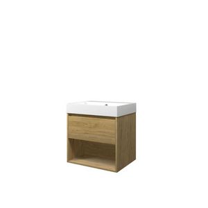 Set Proline polystone Loft wastafel glans wit zonder kraangat onderkast 1x lade+schap ideal oak 60x46cm
