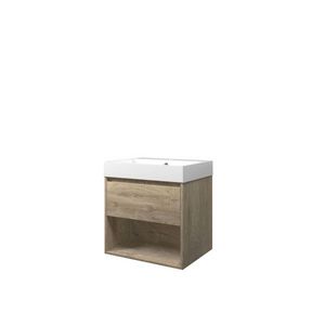 Set Proline polystone Loft wastafel glans wit met 1 kraangat onderkast 1x lade+schap raw oak 60x46cm
