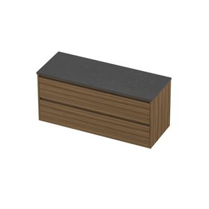 Deck Set Top afdekplaat hardsteen en onderkast greeploos 2 laden symmetrisch in kader 1200x460x540mm Blue stone/Caramel walnut