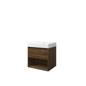 Set Proline polystone Loft wastafel glans wit met 1 kraangat onderkast 1x lade+schap cabana oak 60x46cm