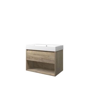 Set Proline polystone Loft wastafel glans wit met 1 kraangat onderkast 1x lade+schap raw oak 80x46cm