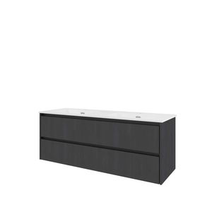 Set Proline porselein Loft dubb. wastafel wit met 2 kraangaten onderkast symmetrisch black oak 140x46cm