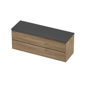 Deck Set Top afdekplaat hardsteen en onderkast greeploos 2 laden symmetrisch in kader 1400x460x540mm Blue stone/Cider oak