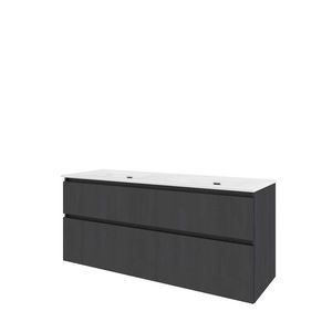 Set Proline porselein Loft dubb. wastafel wit met 2 kraangaten onderkast symmetrisch black oak 140x46cm