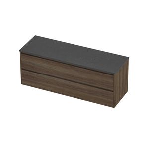 Deck Set Top afdekplaat hardsteen en onderkast greeploos 2 laden symmetrisch in kader 1400x460x540mm Blue stone/Vital oak