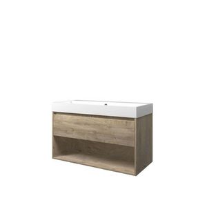 Set Proline polystone Loft wastafel glans wit met 1 kraangat onderkast 1x lade+schap raw oak 100x46cm