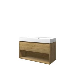 Set Proline polystone Loft wastafel glans wit met 2 kraangaten onderkast 1x lade+schap ideal oak 100x46cm