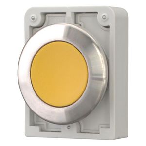 Drukknop 30mm RVS vlak geel terugverend