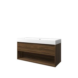 Set Proline polystone Loft enkele wastafel glans wit met 2 kraangaten onderkast 1x lade+schap cabana oak 120x46cm