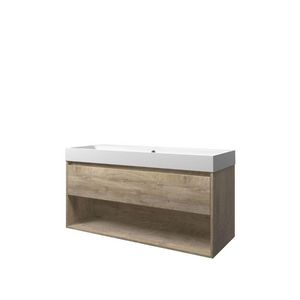 Set Proline polystone Loft enkele wastafel mat wit met 1 kraangat onderkast 1x lade+schap raw oak 120x46cm