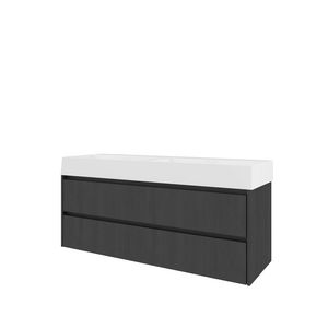 Set Proline porselein Loft dubb. wastafel wit met 2 kraangaten onderkast symmetrisch black oak 140x46cm