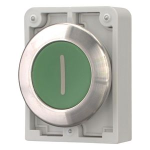 Drukknop 30mm RVS vlak groen "I" terugverend