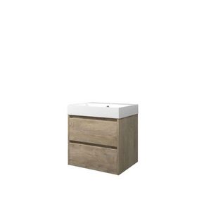 Set Proline polystone Loft wastafel glans wit met 1 kraangat onderkast symmetrisch raw oak 60x46cm