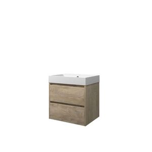 Set Proline polystone Loft wastafel mat wit met 1 kraangat onderkast symmetrisch raw oak 60x46cm