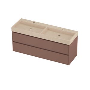 Evoli Set hardsteen Loft wastafel dubbele wasbak met 2 kraangaten en onderkast greeploos 2 laden symmetrisch in kader 1400x460x620mm Sand stone/Beauty blush